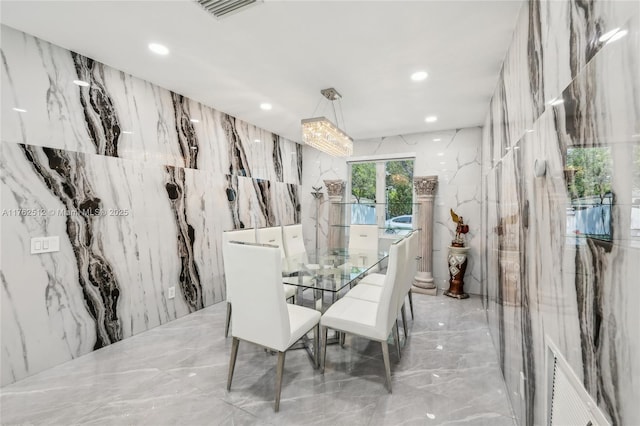 dining area with visible vents, marble finish floor, and recessed lighting
