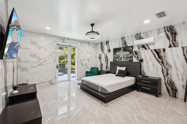 bedroom with stone wall, access to outside, marble finish floor, a wall mounted AC, and visible vents