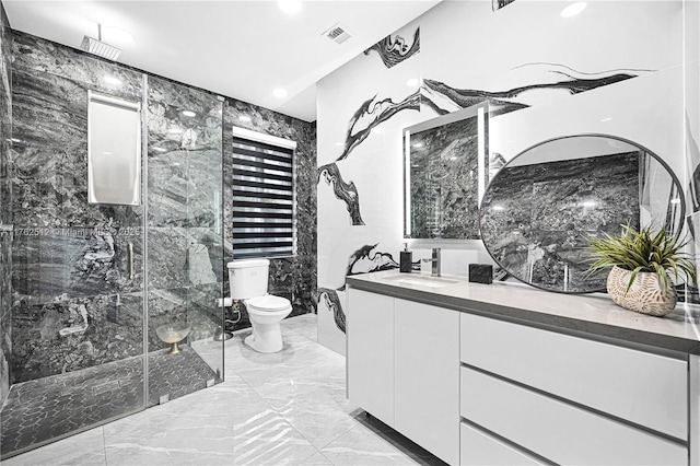bathroom featuring a shower stall, vanity, toilet, marble finish floor, and visible vents