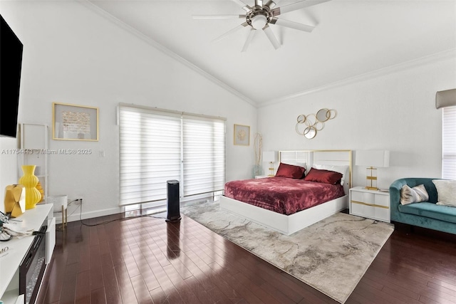 bedroom featuring ceiling fan, lofted ceiling, hardwood / wood-style floors, and crown molding