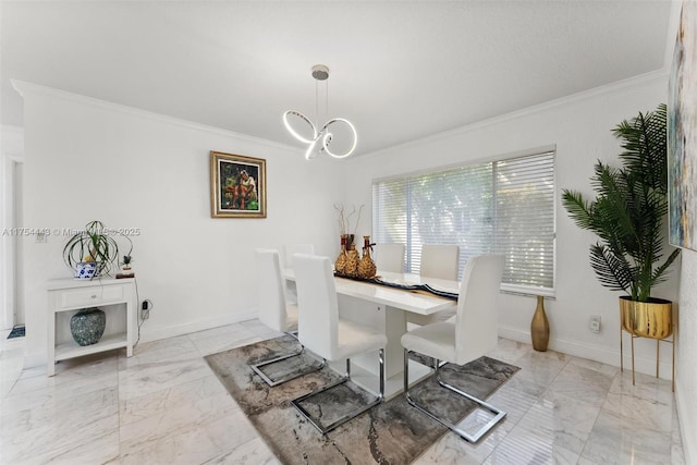 dining space featuring a notable chandelier, marble finish floor, crown molding, and baseboards