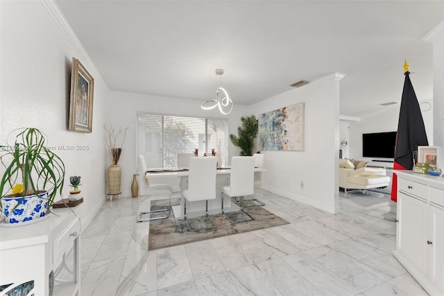 dining space with visible vents, marble finish floor, crown molding, and an inviting chandelier