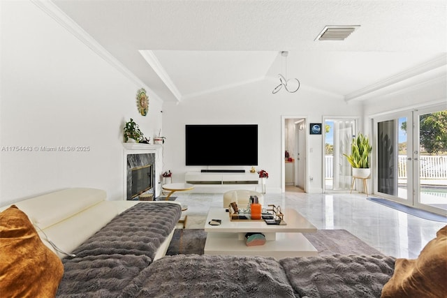 living room with lofted ceiling, crown molding, visible vents, and marble finish floor