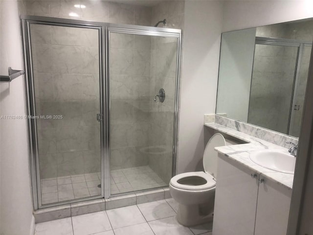 bathroom with vanity, a shower stall, and toilet