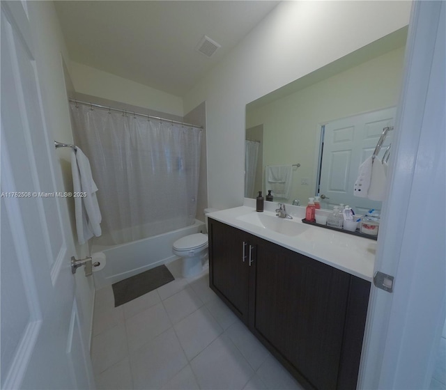 full bath featuring vanity, visible vents, shower / tub combo, tile patterned floors, and toilet