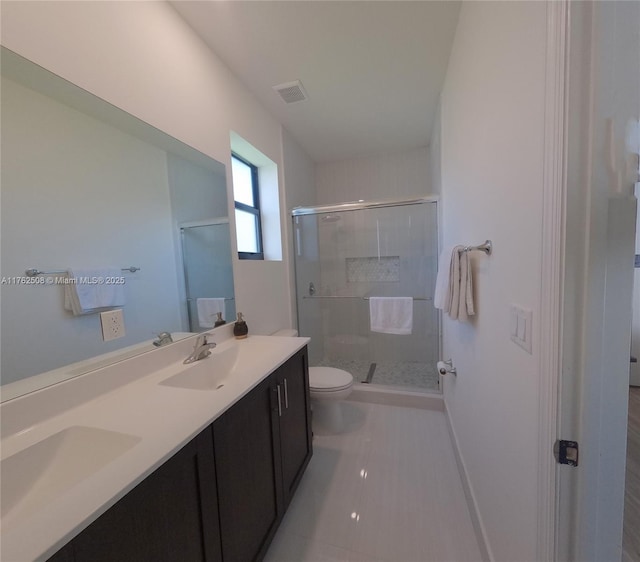 bathroom with visible vents, double vanity, a sink, a shower stall, and toilet