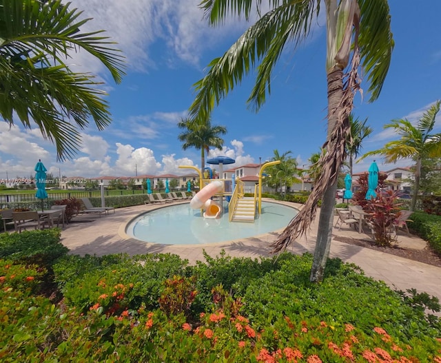 view of swimming pool featuring playground community