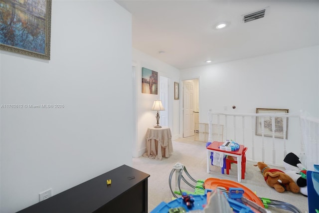 playroom featuring recessed lighting, carpet, and visible vents