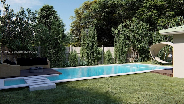 view of swimming pool featuring a yard, a fire pit, a fenced in pool, and a fenced backyard