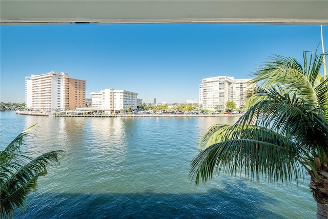 view of water feature with a view of city