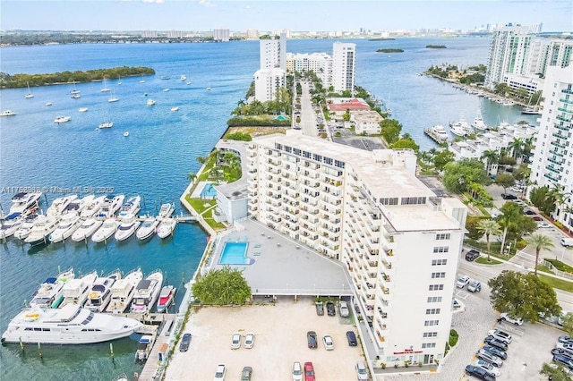 aerial view with a view of city and a water view