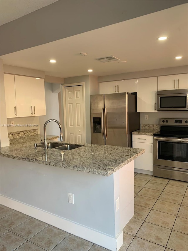 kitchen with a sink, stainless steel appliances, a peninsula, and white cabinets