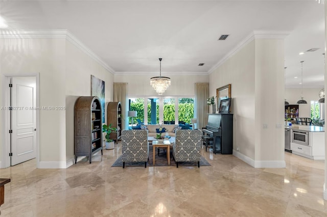 living area with baseboards, a healthy amount of sunlight, marble finish floor, and ornamental molding