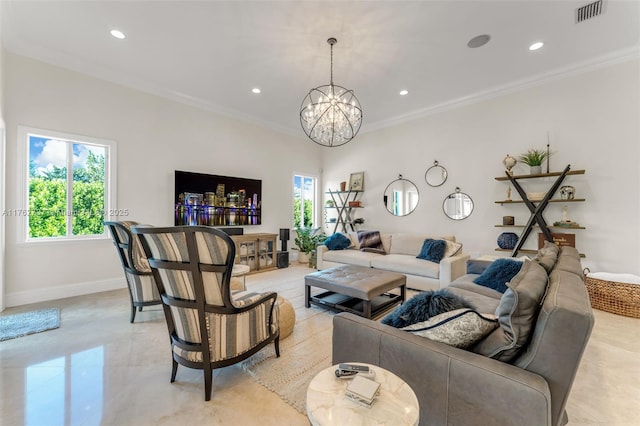 8111 SW 178th St, Palmetto Bay, FL 33157 - living area featuring baseboards, ornamental molding, visible vents, and a chandelier