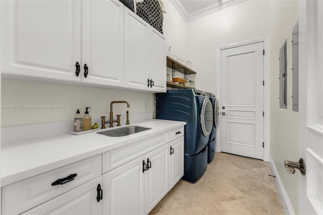 8111 SW 178th St, Palmetto Bay, FL 33157 - laundry area featuring ornamental molding, baseboards, a sink, cabinet space, and washer and dryer
