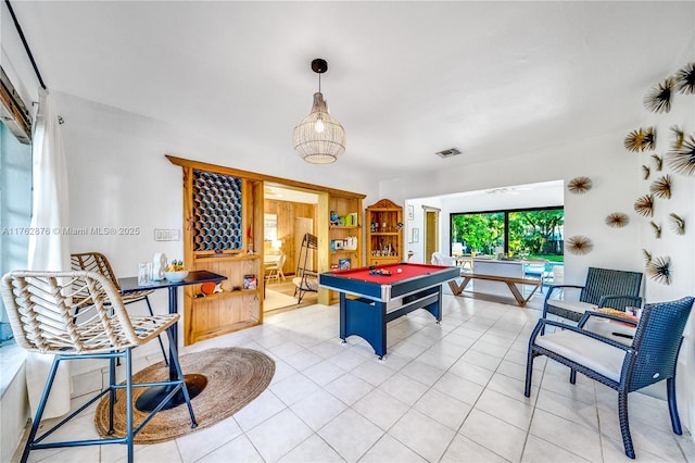 recreation room with light tile patterned floors, visible vents, and billiards