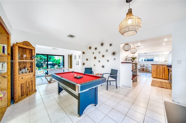 game room with billiards, light tile patterned flooring, visible vents, and ceiling fan