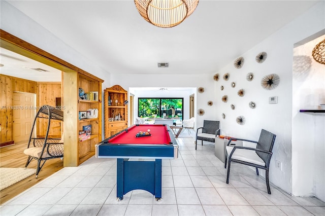 game room with pool table, light tile patterned flooring, and visible vents