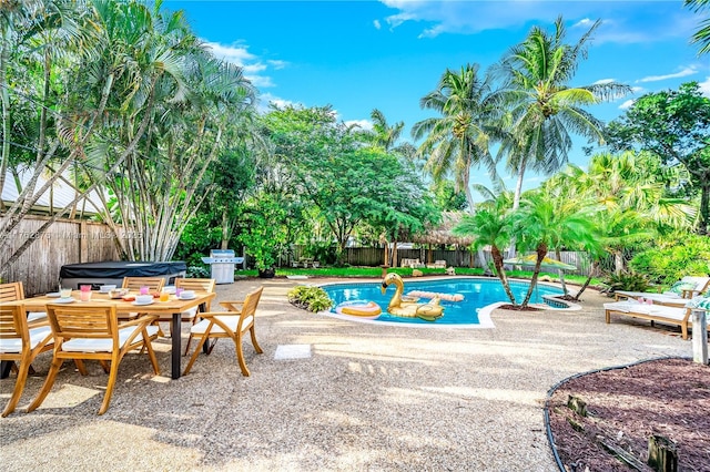 view of pool featuring a fenced backyard, a fenced in pool, and a patio