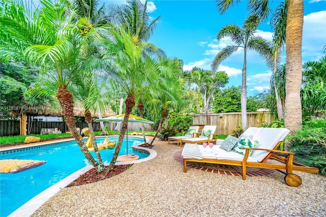 view of swimming pool with a fenced in pool, a patio, and a fenced backyard