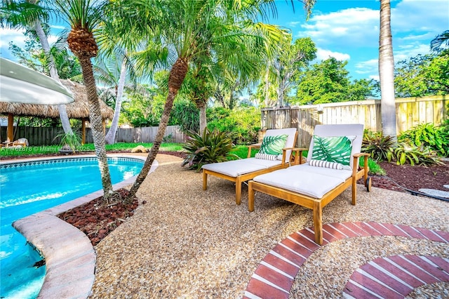 view of swimming pool with a patio area, a fenced in pool, and a fenced backyard