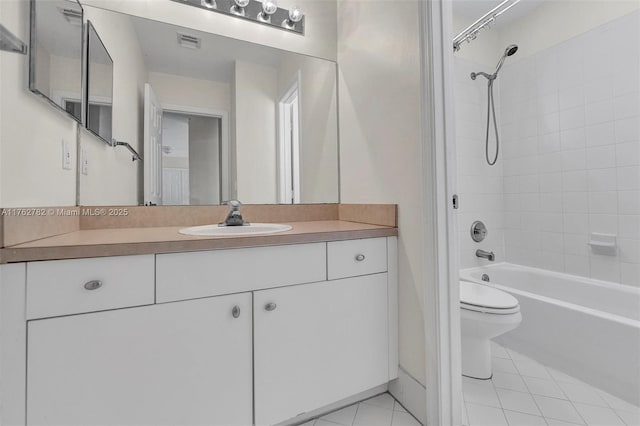 full bathroom featuring tile patterned flooring, visible vents, tub / shower combination, toilet, and vanity