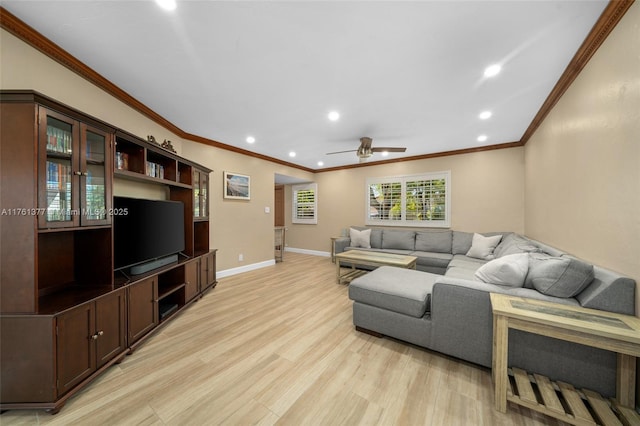 living area with a ceiling fan, baseboards, light wood-style flooring, recessed lighting, and crown molding