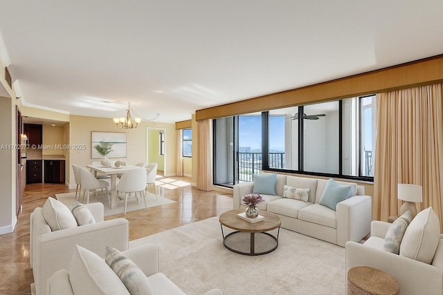 300 Three Islands Blvd Unit 518, Hallandale Beach, FL 33009 - living room featuring a chandelier and light tile patterned floors