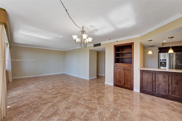 unfurnished living room with crown molding, built in shelves, baseboards, and visible vents