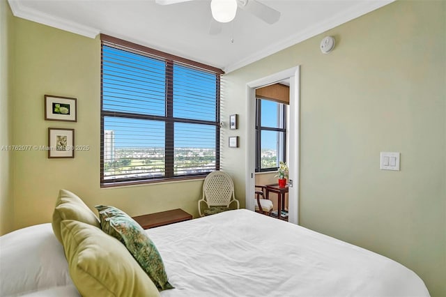 300 Three Islands Blvd Unit 518, Hallandale Beach, FL 33009 - bedroom featuring multiple windows, ornamental molding, and ceiling fan