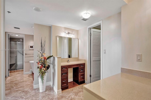 full bathroom with visible vents, vanity, a closet, and a shower stall