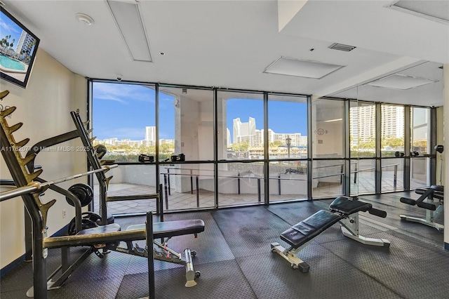 300 Three Islands Blvd Unit 518, Hallandale Beach, FL 33009 - gym featuring expansive windows, a view of skyline, and healthy amount of natural light