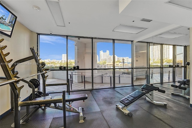 exercise room featuring a view of city, plenty of natural light, and expansive windows