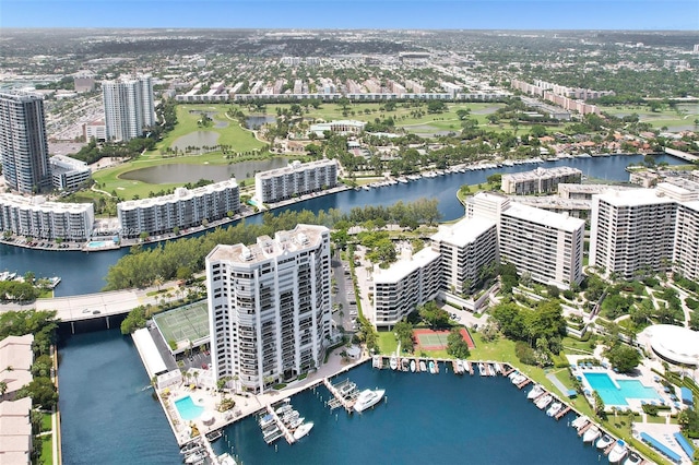 bird's eye view featuring a city view and a water view