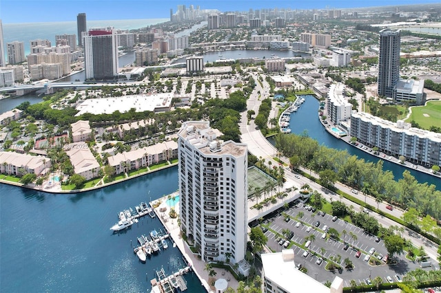 aerial view featuring a city view and a water view