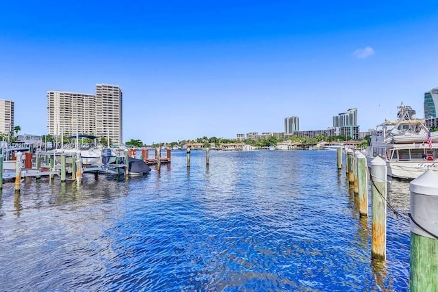 view of dock featuring a city view and a water view