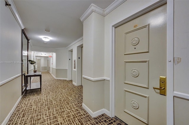 hallway featuring baseboards and ornamental molding