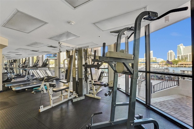 300 Three Islands Blvd Unit 518, Hallandale Beach, FL 33009 - workout area featuring a wall of windows and a view of city