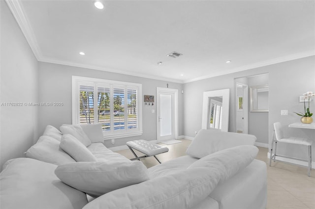 living room with visible vents, baseboards, ornamental molding, recessed lighting, and light tile patterned flooring