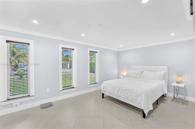 bedroom featuring tile patterned flooring, crown molding, multiple windows, and baseboards