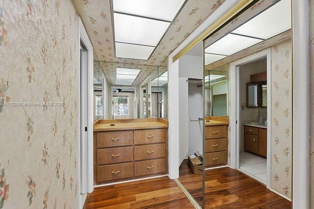 spacious closet with dark wood-style flooring