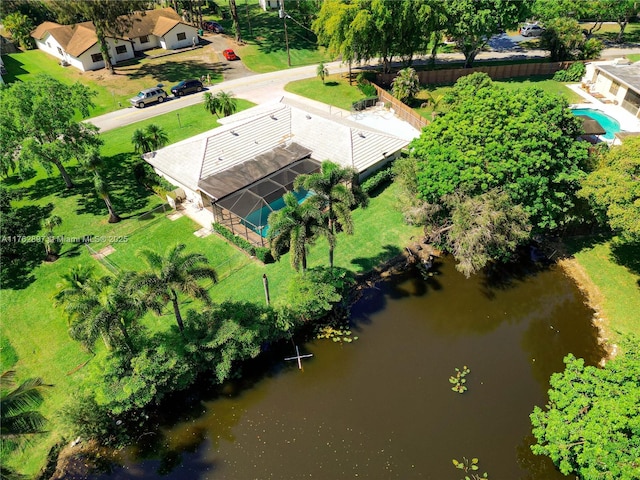 bird's eye view with a water view