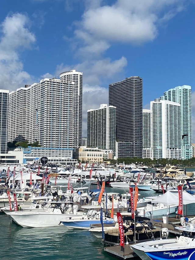 view of dock with a city view and a water view