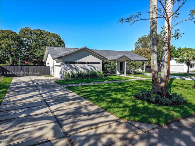 view of front of property with a front lawn, fence, stucco siding, a garage, and driveway