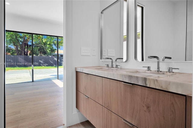 full bath featuring a sink, wood finished floors, and double vanity