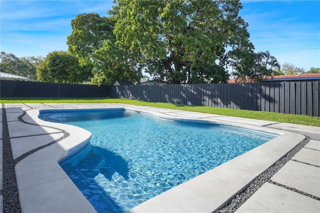 view of swimming pool featuring a fenced backyard, a fenced in pool, and a lawn