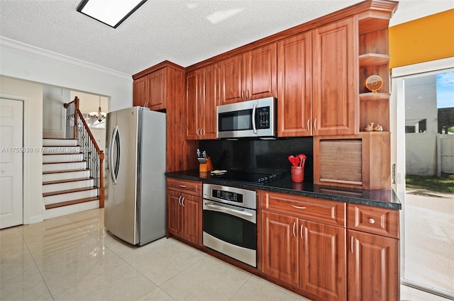 kitchen featuring ornamental molding, brown cabinets, appliances with stainless steel finishes, a textured ceiling, and open shelves