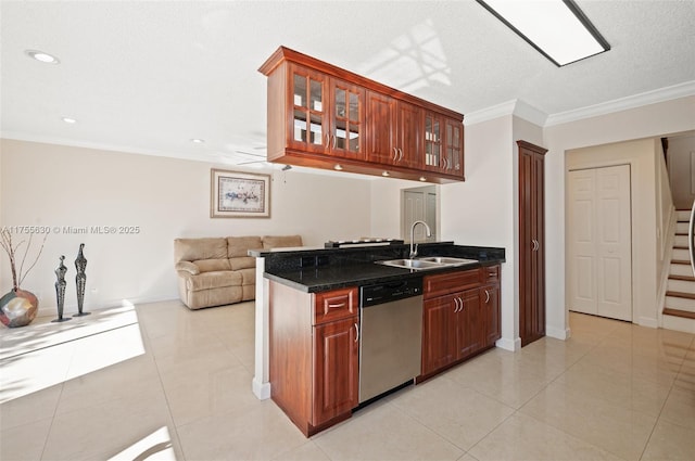 kitchen with light tile patterned floors, ornamental molding, a sink, glass insert cabinets, and dishwasher