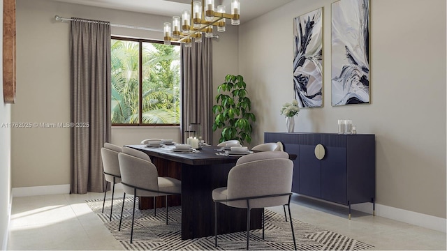 dining space with light tile patterned floors, baseboards, and a chandelier