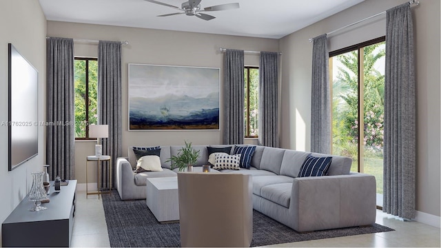 living room with tile patterned flooring, baseboards, and ceiling fan